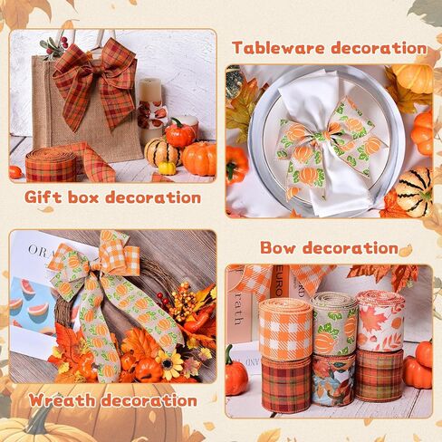 ياما سقوط الشريط السلكية، 2.5 بوصة الخيش نمط اليقطين الجاموس منقوشة الخريف حصاد الشكر الشريط مجموعة لتغليف الهدايا إكليل صنع الحرف الأقواس 6 لفات 30 ياردة in Kuwait