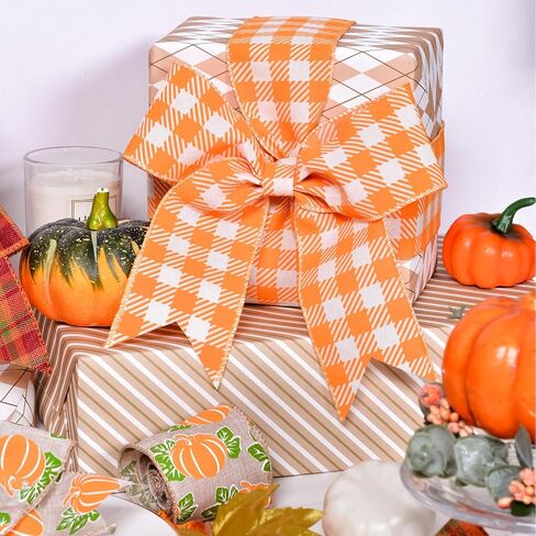 ياما سقوط الشريط السلكية، 2.5 بوصة الخيش نمط اليقطين الجاموس منقوشة الخريف حصاد الشكر الشريط مجموعة لتغليف الهدايا إكليل صنع الحرف الأقواس 6 لفات 30 ياردة in Kuwait