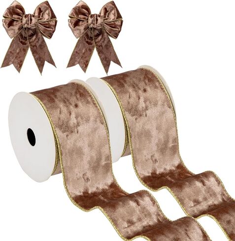 Briful Velvet Christmas Ribbon 2.5 Inch Golden Brown Christmas Tree Ribbon with Metallic Wired Gold Edge Velvet Ribbon for Gift Wrapping Wreaths Garland Big Bow Crafts Supplies(2 Rolls, 20 Yards) in Kuwait