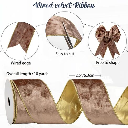 Briful Velvet Christmas Ribbon 2.5 Inch Golden Brown Christmas Tree Ribbon with Metallic Wired Gold Edge Velvet Ribbon for Gift Wrapping Wreaths Garland Big Bow Crafts Supplies(2 Rolls, 20 Yards) in Kuwait