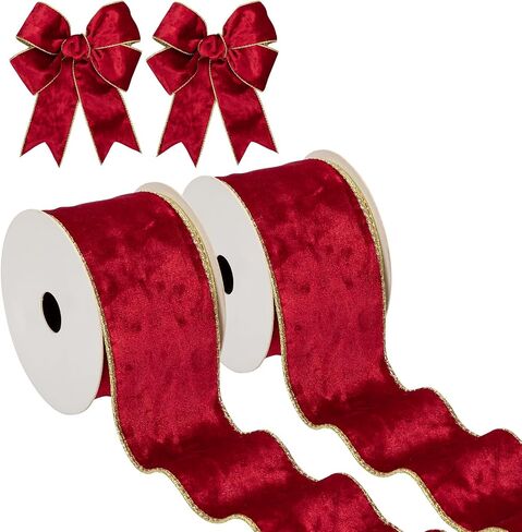 Briful Velvet Christmas Ribbon 2.5 Inch Golden Brown Christmas Tree Ribbon with Metallic Wired Gold Edge Velvet Ribbon for Gift Wrapping Wreaths Garland Big Bow Crafts Supplies(2 Rolls, 20 Yards) in Kuwait