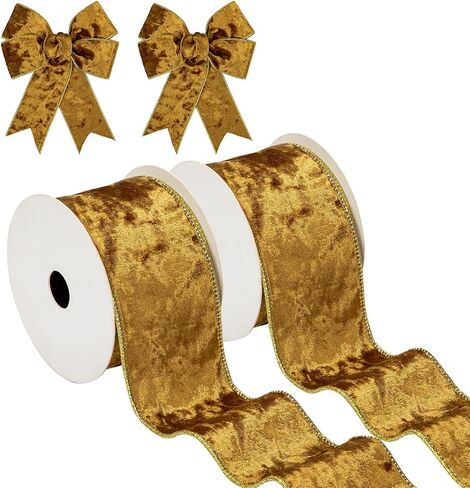 Briful Velvet Christmas Ribbon 2.5 Inch Golden Brown Christmas Tree Ribbon with Metallic Wired Gold Edge Velvet Ribbon for Gift Wrapping Wreaths Garland Big Bow Crafts Supplies(2 Rolls, 20 Yards) in Kuwait