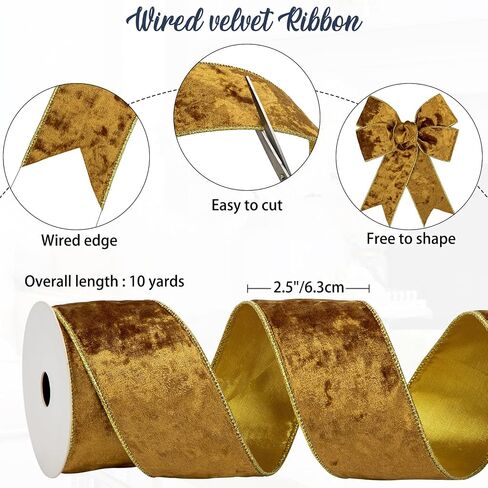 Briful Velvet Christmas Ribbon 2.5 Inch Golden Brown Christmas Tree Ribbon with Metallic Wired Gold Edge Velvet Ribbon for Gift Wrapping Wreaths Garland Big Bow Crafts Supplies(2 Rolls, 20 Yards) in Kuwait