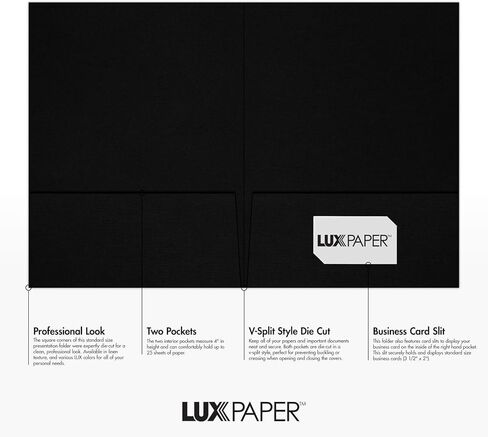 LUXPaper 9" x 12" Presentation Folders | Two Pocket | Front Cover Card Slits (Center) | Deep Black Linen | 100lb. Cover | 25 Qty in Saudi Arabia