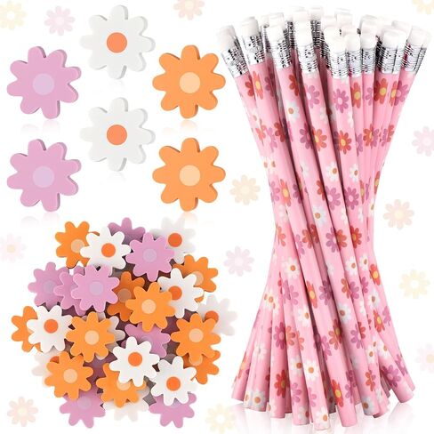 Ctosree 96 Pcs Boho Flower Pencils and 96 Pcs Flower Erasers Pink Daisy Pencils Cute Floral Wooden Pencils Bulk with Erasers for Girls Women Office Students Gift Supplies in Saudi Arabia