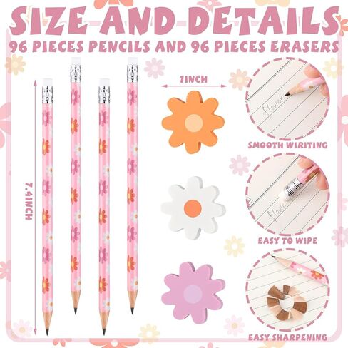 Ctosree 96 Pcs Boho Flower Pencils and 96 Pcs Flower Erasers Pink Daisy Pencils Cute Floral Wooden Pencils Bulk with Erasers for Girls Women Office Students Gift Supplies in Saudi Arabia
