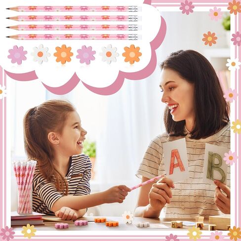 Ctosree 96 Pcs Boho Flower Pencils and 96 Pcs Flower Erasers Pink Daisy Pencils Cute Floral Wooden Pencils Bulk with Erasers for Girls Women Office Students Gift Supplies in Saudi Arabia