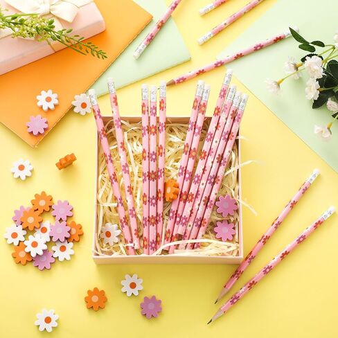 Ctosree 96 Pcs Boho Flower Pencils and 96 Pcs Flower Erasers Pink Daisy Pencils Cute Floral Wooden Pencils Bulk with Erasers for Girls Women Office Students Gift Supplies in Saudi Arabia