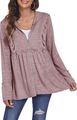 سترة بغطاء للرأس بسحاب مقاس كبير من DEESHA للنساء المتعرجات الربيعية المكشكشة ذات القلنسوة وسترة خفيفة الوزن in Kuwait