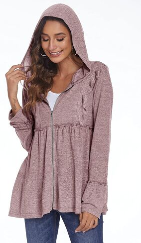 سترة بغطاء للرأس بسحاب مقاس كبير من DEESHA للنساء المتعرجات الربيعية المكشكشة ذات القلنسوة وسترة خفيفة الوزن in Kuwait