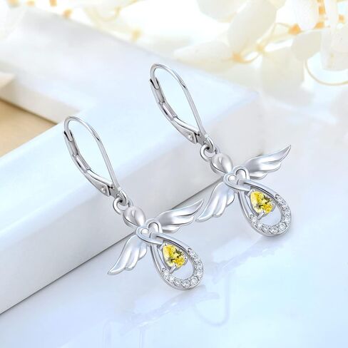 FJ Guardian Angel Dangle Drop Earrings 925 Sterling Silver Teardrop Leverback Birthstone Earrings Jewelry Gifts for Women in Kuwait