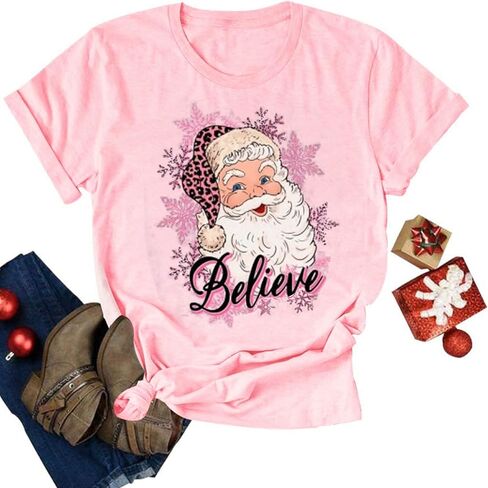 Christmas Believe Shirts for Women Christmas Santa Graphic Print Short Sleeve Xms Holiday Tshirt Top in Saudi Arabia