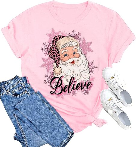 Christmas Believe Shirts for Women Christmas Santa Graphic Print Short Sleeve Xms Holiday Tshirt Top in Saudi Arabia