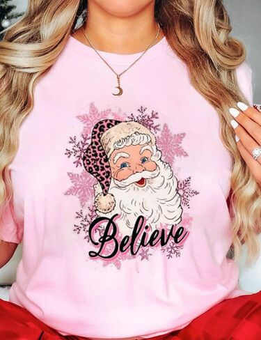 Christmas Believe Shirts for Women Christmas Santa Graphic Print Short Sleeve Xms Holiday Tshirt Top in Saudi Arabia