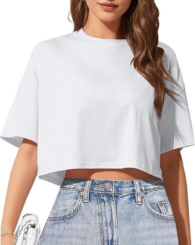 Women's Basic Crop Top Drop Shoulder T Shirt Half Sleeve Cropped Tee Crewneck Short Sleeve Casual Summer Solid Crop Tops in Saudi Arabia