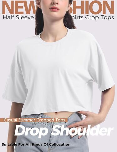 Women's Basic Crop Top Drop Shoulder T Shirt Half Sleeve Cropped Tee Crewneck Short Sleeve Casual Summer Solid Crop Tops in Saudi Arabia