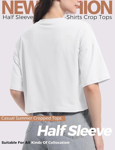 Women's Basic Crop Top Drop Shoulder T Shirt Half Sleeve Cropped Tee Crewneck Short Sleeve Casual Summer Solid Crop Tops in Saudi Arabia