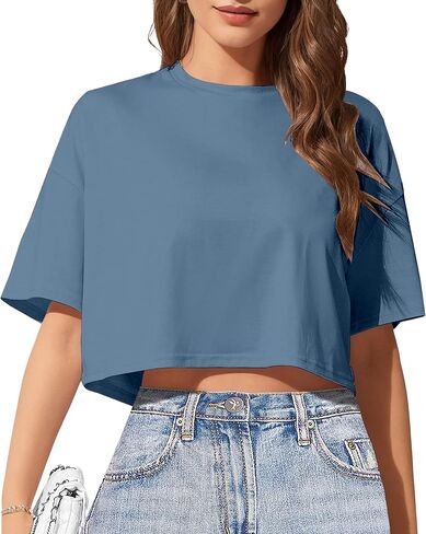 Women's Basic Crop Top Drop Shoulder T Shirt Half Sleeve Cropped Tee Crewneck Short Sleeve Casual Summer Solid Crop Tops in Saudi Arabia