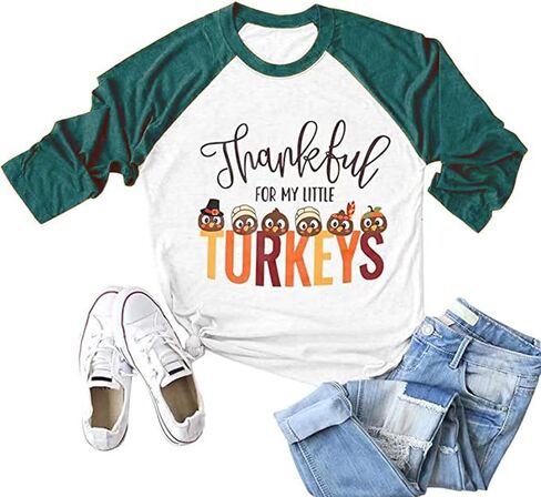Thankful for My Little Turkeys Shirt Women Thanksgiving Tshirt Cute Graphic Raglan 3/4 Sleeve Baseball Tee Tops in Kuwait