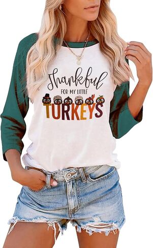 Thankful for My Little Turkeys Shirt Women Thanksgiving Tshirt Cute Graphic Raglan 3/4 Sleeve Baseball Tee Tops in Kuwait
