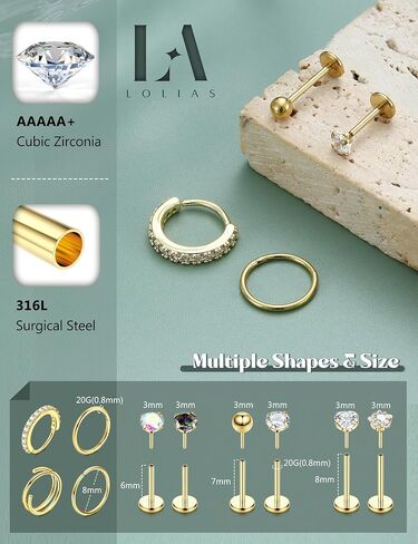 LOLIAS 14K Gold Filled Nose Rings 20G 18G Threadless Nose Rings Hoops Studs - 316L Surgical Steel Push in Flat Back Nose Stud - CZ Hypoallergenic Nose Nostril Tragus Helix Piercing Jewelry for Women Men 11Pcs in Kuwait