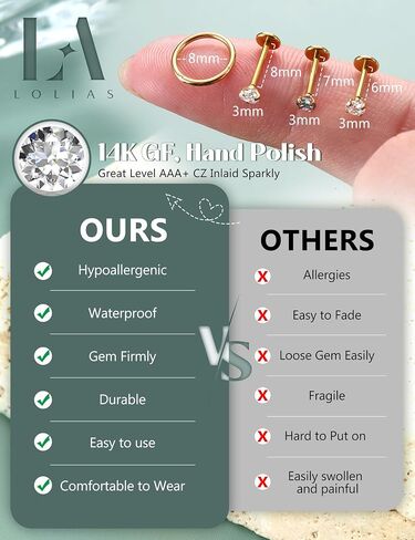 LOLIAS 14K Gold Filled Nose Rings 20G 18G Threadless Nose Rings Hoops Studs - 316L Surgical Steel Push in Flat Back Nose Stud - CZ Hypoallergenic Nose Nostril Tragus Helix Piercing Jewelry for Women Men 11Pcs in Kuwait