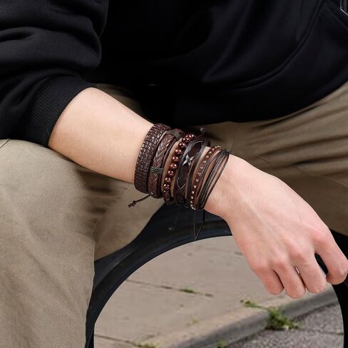 MILAKOO Braided Black Leather Bracelet for Men and Women Wooden Beads Bracelet Adjustable in Saudi Arabia