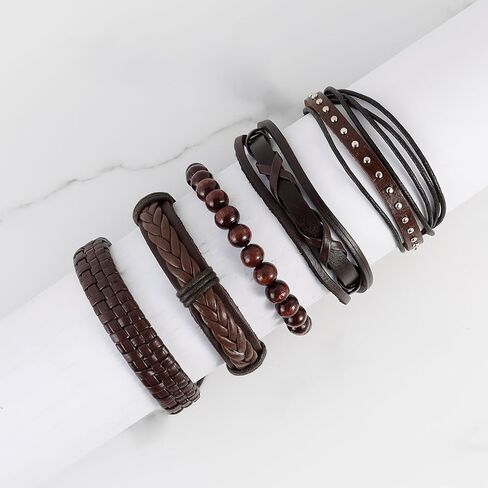MILAKOO Braided Black Leather Bracelet for Men and Women Wooden Beads Bracelet Adjustable in Saudi Arabia