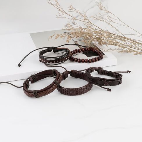 MILAKOO Braided Black Leather Bracelet for Men and Women Wooden Beads Bracelet Adjustable in Saudi Arabia