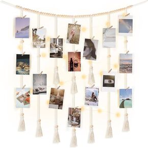 Mkono Macrame Hanging Photo Display Wall Decor with String Lights Boho Room Bedroom Wooden Beads Garland Picture Holder with 30 Clips for Living Room, Nursery, Teenage Teen Girl Gifts