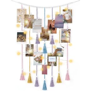 Mkono Macrame Hanging Photo Display Wall Decor with String Lights Boho Room Bedroom Wooden Beads Garland Picture Holder with 30 Clips for Living Room, Nursery, Teenage Teen Girl Gifts