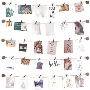 Mkono Hanging Photo Display Pictures Wall Decor 5 Jute Strings with 30 Clips Multi Pictures Cards Holder Teen Girl Room Wall Art for Bedroom, Nursery, Dorm Room, Birthday Christmas Gift