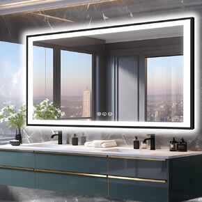 60x30 Large LED Bathroom Vanity Mirror -Black Aluminum Framed (Front and Backlit),Anti-Fog Illuminated Bathroom Mirror,Stepless Dimmable LED Mirror,3 Colors Smart Mirror(Horizontal/Vertical)
