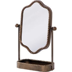 HuiDao Vintage Tabletop Makeup Mirror with Tray, Metal Antique Decorative Mirror with Stand, 360°Swivel Retro Desktop Dressing Mirror Countertop, Bedroom,Bathroom, Living Room
