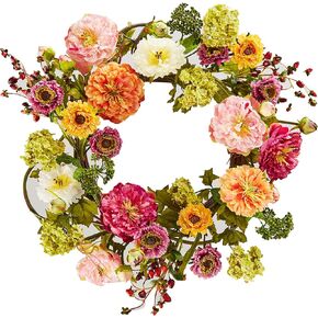 Nearly Natural 24" Peony Wreath, 24in, Mixed