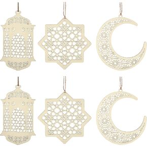 6 Pieces Wooden Pendant Ornament Ramadan Kareem Decoration Moon Star Wind Light Shape Pendant Ornament for Ramadan Mubarak Eid Decorations (Wood Color)