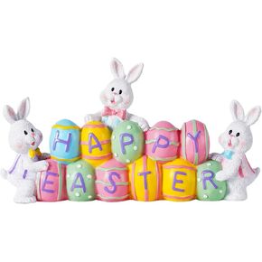 3 Easter Bunny Holding Eggs and Happy Easter Decorations, Resin Easter Bunny Rabbits Figurine Tabletop Centerpiece for Spring Decor Easter Home Office Party Decor… in Kuwait