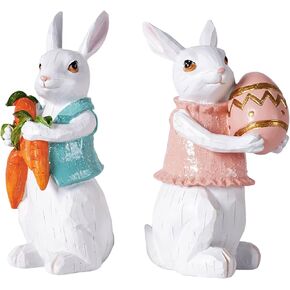 3 Easter Bunny Holding Eggs and Happy Easter Decorations, Resin Easter Bunny Rabbits Figurine Tabletop Centerpiece for Spring Decor Easter Home Office Party Decor…