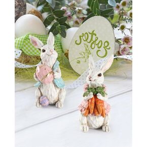 Easter Bunnies, Set of 2 Resin 5'' Bunny Figurines with Resurrection Eggs and Carrots - Hand-Painted Statue Spring Easter Decorations for The Home Decor Office Gift (White)