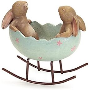 Laughing Bunny Rabbits Rocking in an Easter Egg Cradle Spring Easter Decoration Vintage Rustic Country Bunnies Rabbit Figurine Statue (Bunnies in a Cradle)
