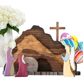 IoF Easter Resurrection Scene Ornament Religious Easter Decorations Wood Christian Empty Tomb Figurines Home Decor Nativity Set Gifts for Kids He is Risen Easter Decor for Christian Home,Office,Table