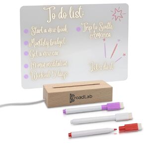 BroadLab Clear Acrylic Desk Organizer Dry Erase Manifestation Board with Light Up Wooden Stand for Notes 7.2 x 5.2 inch Mini LED Drawing Pad Sign Message Lightboard Writing Boards Memo Letterboard in Kuwait