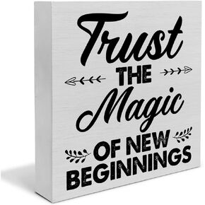Inspirational Quote Wooden Box Sign Rustic Trust the Magic of New Beginnings Wood Block Sign Home Office Tabletop Shelf Desk Decoration, 5 X 5 Inches