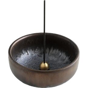 Asayu Made in Japan Zen Incense Holder for Sticks with Ash Catcher 3.9 inch (100mm) in Black and Gold, Japanese Ceramic Ash Catcher and Brass Incense Burner - Zen Black Gold