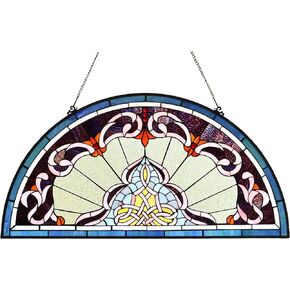 Bieye Lady Astor Demi-Lune Half-Round Window Panel Tiffany Style Stained Glass Hangings for Home Décor 36" W x 18" H W10035