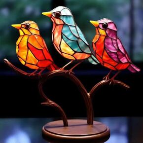 1Pc Stained Glass Birds on Branch, Colorful Acrylic Birds Desktop Ornaments Modern Style Home Decorations for Living Room Bedroom Office(1 Bird)