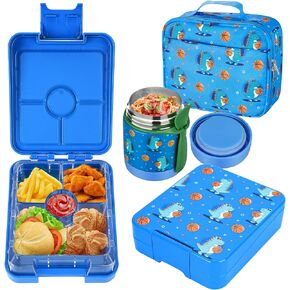 Bento Lunch Box Set for Kids with 10oz Soup Thermo, Leak-Proof Lunch Containers with 4 Compartment, Kids Thermo Hot Food Jar and Insulated Lunch Bag for Kids to School,BPA-Free(Basketball)