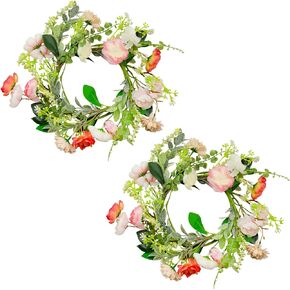 AuldHome Flowered Candle Rings (2-Pack, Pink); Set of 2 Spring/Summer Candle Wreaths