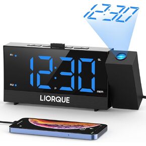 LIORQUE Projection Alarm Clock for Bedroom, Radio Alarm Clock with Projection on Ceiling, Dual Alarm, Snooze, 12/24H, Infinite Brightness Adjustment, 2 USB Charging Ports