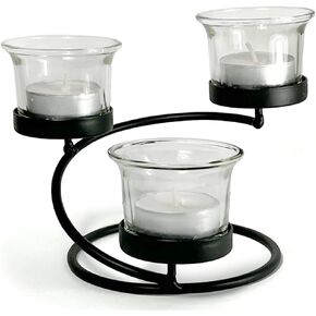 Lily’s Home Modern Deco Candelabra Tea Light Candle Stand Centerpiece, Black Steel. Including Clear Glass Tealight Holders